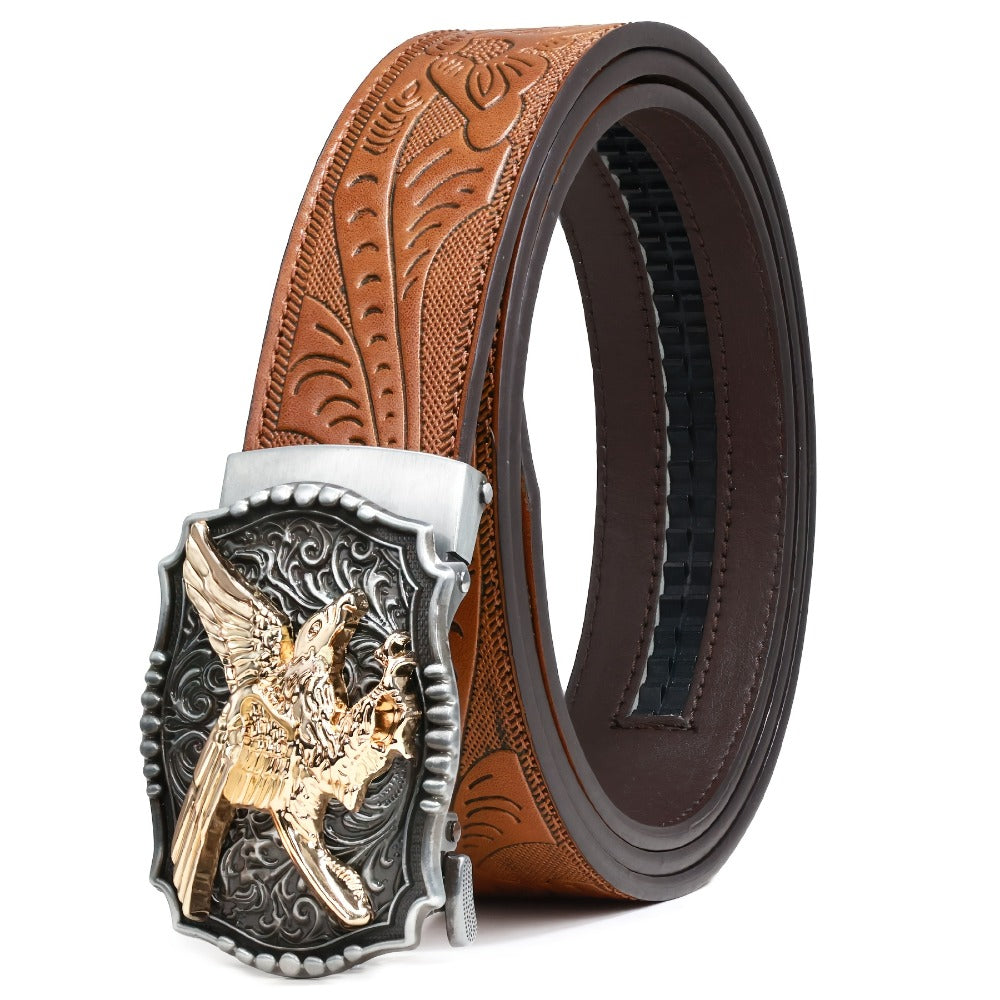 Men's Belt - 's Western Ratchet Faux Leather Sliding Automatic Click Buckle Hawk Horse - product detail view 7