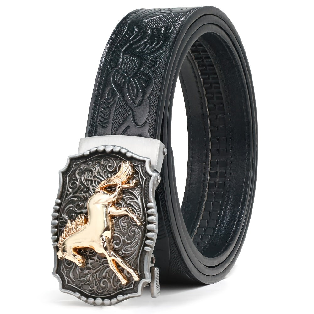 Men's Belt - 's Western Ratchet Faux Leather Sliding Automatic Click Buckle Hawk Horse - product detail view 9