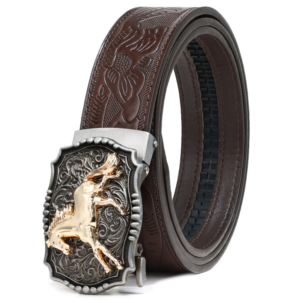 Men's Belt - 's Western Ratchet Faux Leather Sliding Automatic Click Buckle Hawk Horse - product detail view 11