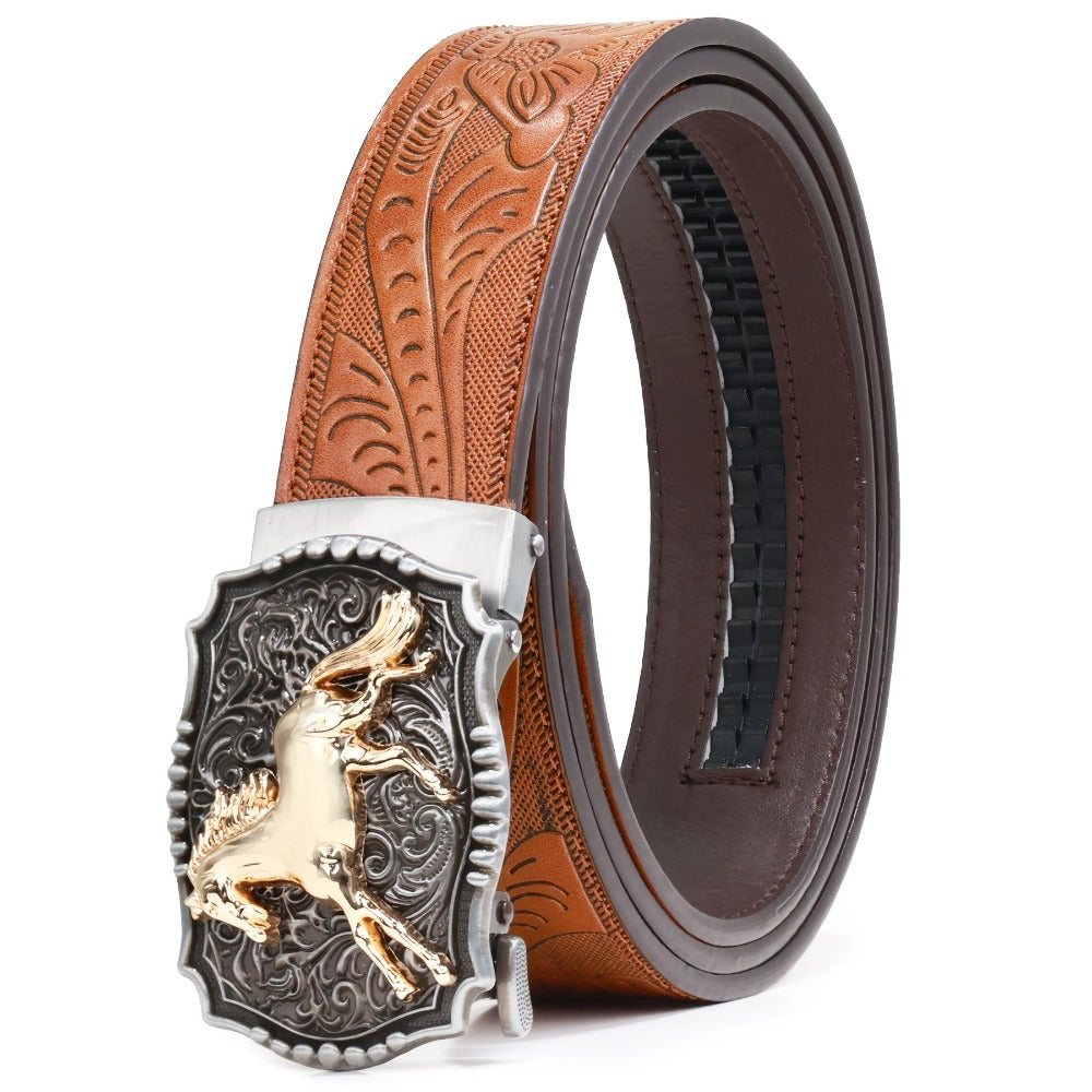 Men's Belt - 's Western Ratchet Faux Leather Sliding Automatic Click Buckle Hawk Horse - product detail view 12