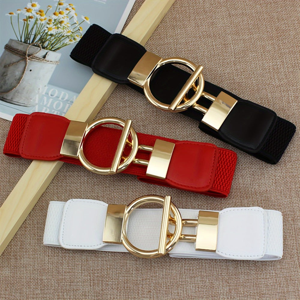Women's Belt - 's Wide Waist Set 3 Pack Elastic Round Buckle Solid Color Waistband Cinch - product detail view 3