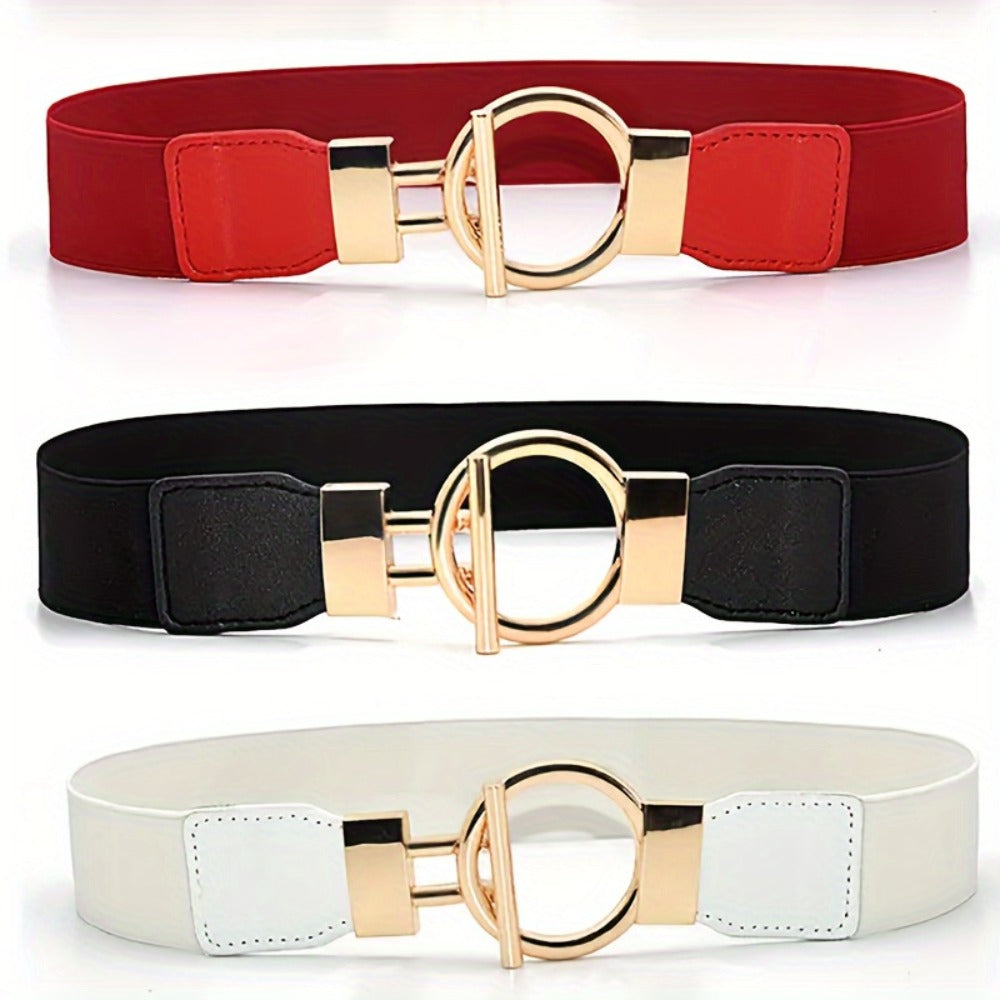 Women's Belt - 's Wide Waist Set 3 Pack Elastic Round Buckle Solid Color Waistband Cinch - product detail view 8
