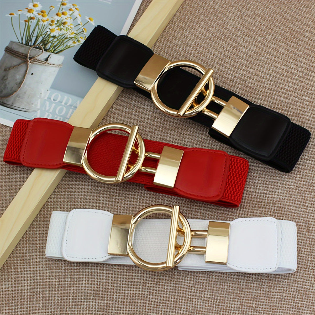 Women's Belt - 's Wide Waist Set 3 Pack Elastic Round Buckle Solid Color Waistband Cinch - product detail view 16