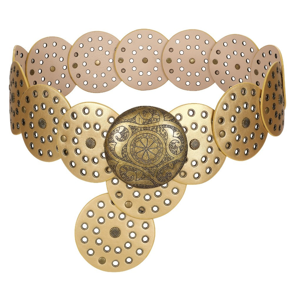 Women's Belt - 's Wide Western Faux Leather Hollow Disc Buckle Cowgirl Waist for Jeans - product detail view 6