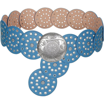 Women's Belt - 's Wide Western Faux Leather Hollow Disc Buckle Cowgirl Waist for Jeans - product detail view 15