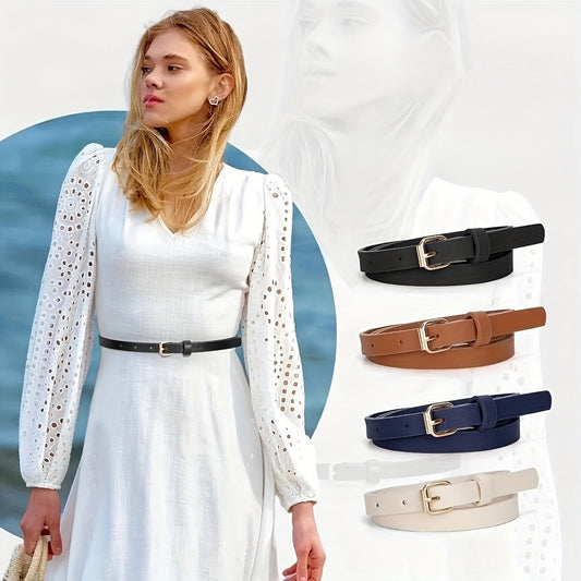 Women's Belt - Skinny for 4Pcs Set - Adjustable Thin PU Leather Dress with Hollow-Out - product detail view 2