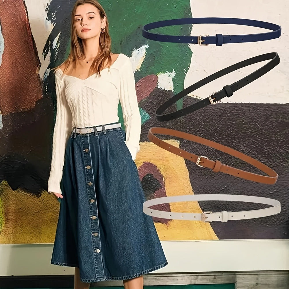 Women's Belt - Skinny for 4Pcs Set - Adjustable Thin PU Leather Dress with Hollow-Out - product detail view 6