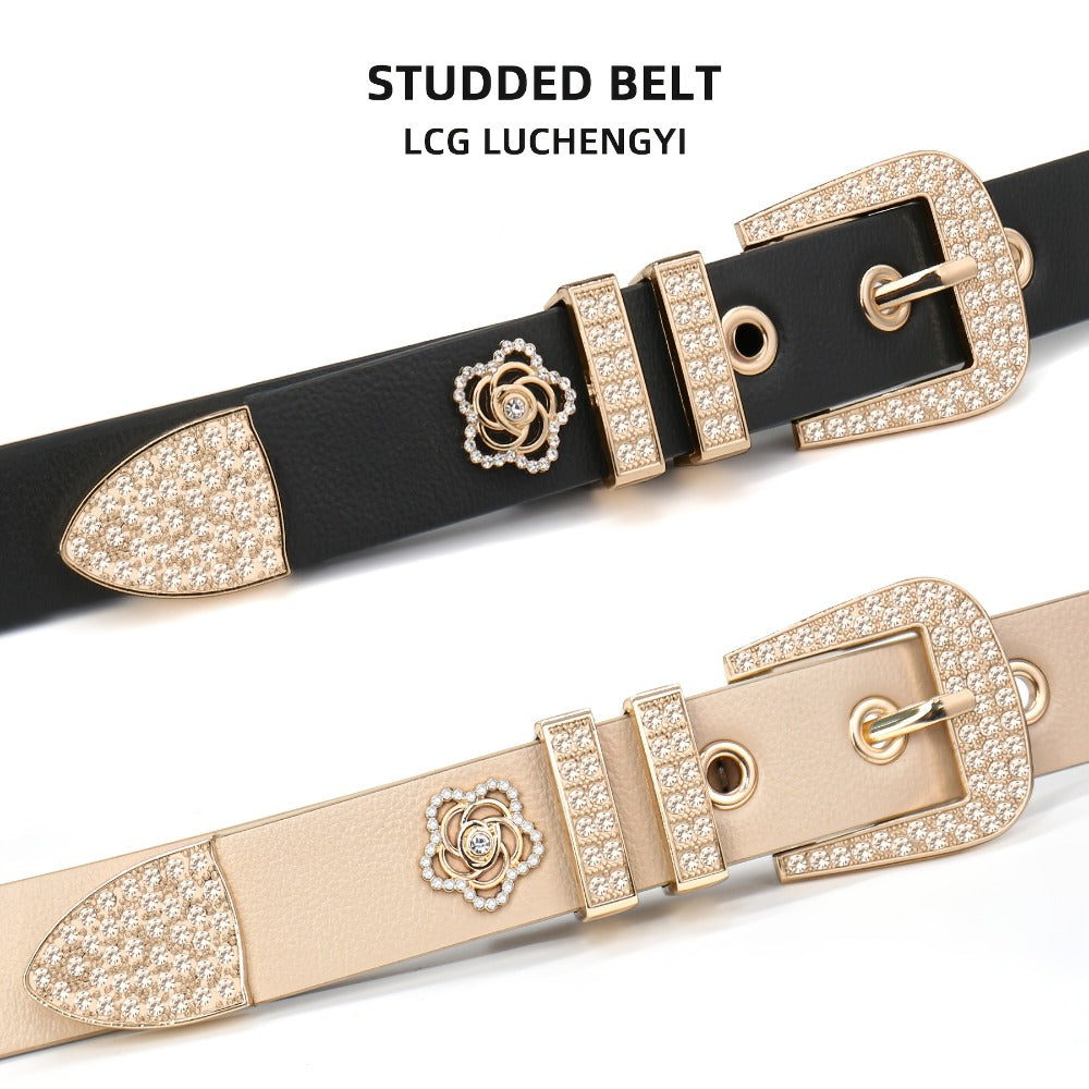 Women's Belt - Studded for 2 Pack - Rhinestone Floral Rivet Punk Y2K Skinny for Jeans - product detail view 3