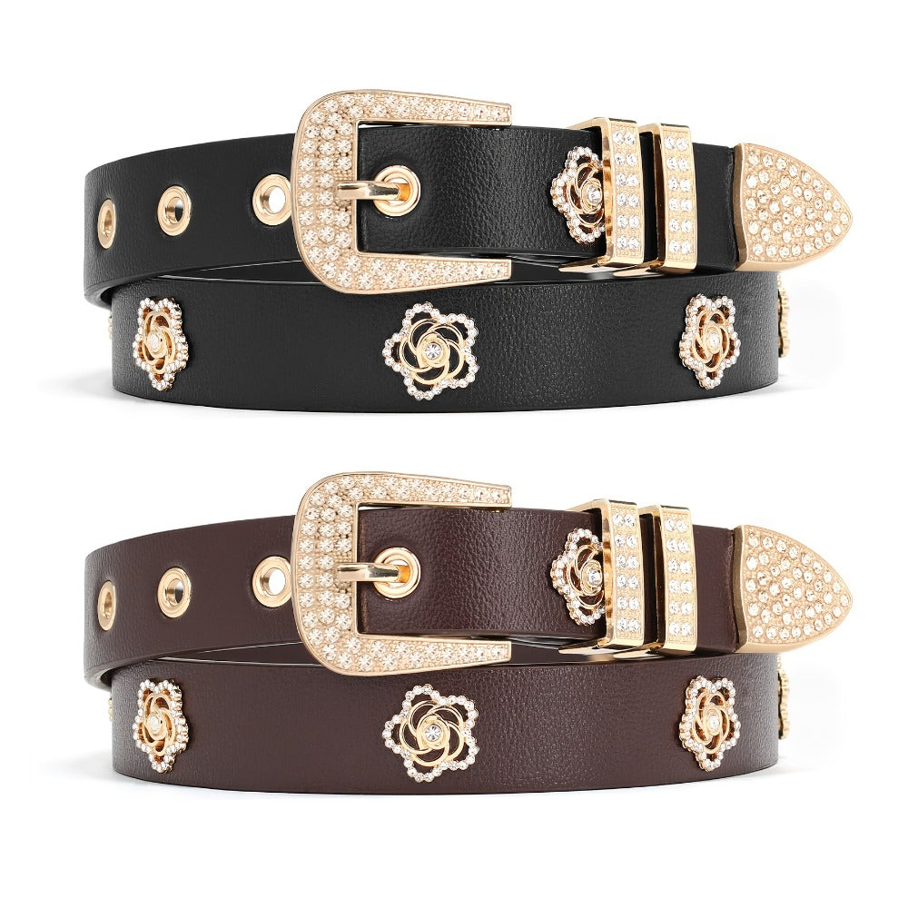 Women's Belt - Studded for 2 Pack - Rhinestone Floral Rivet Punk Y2K Skinny for Jeans - product detail view 6