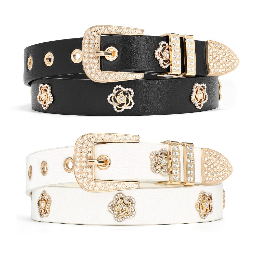 Women's Belt - Studded for 2 Pack - Rhinestone Floral Rivet Punk Y2K Skinny for Jeans - product detail view 8
