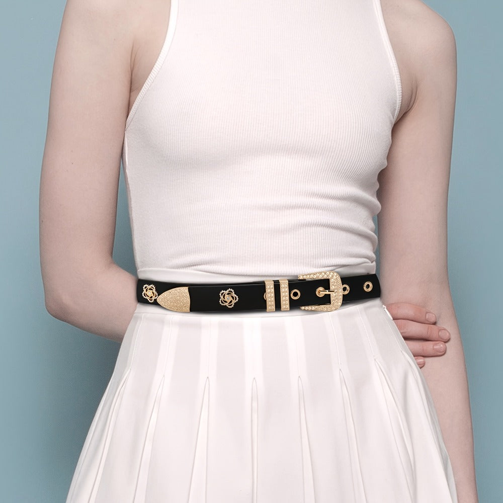 Women's Belt - Studded for 2 Pack - Rhinestone Floral Rivet Punk Y2K Skinny for Jeans - product detail view 9