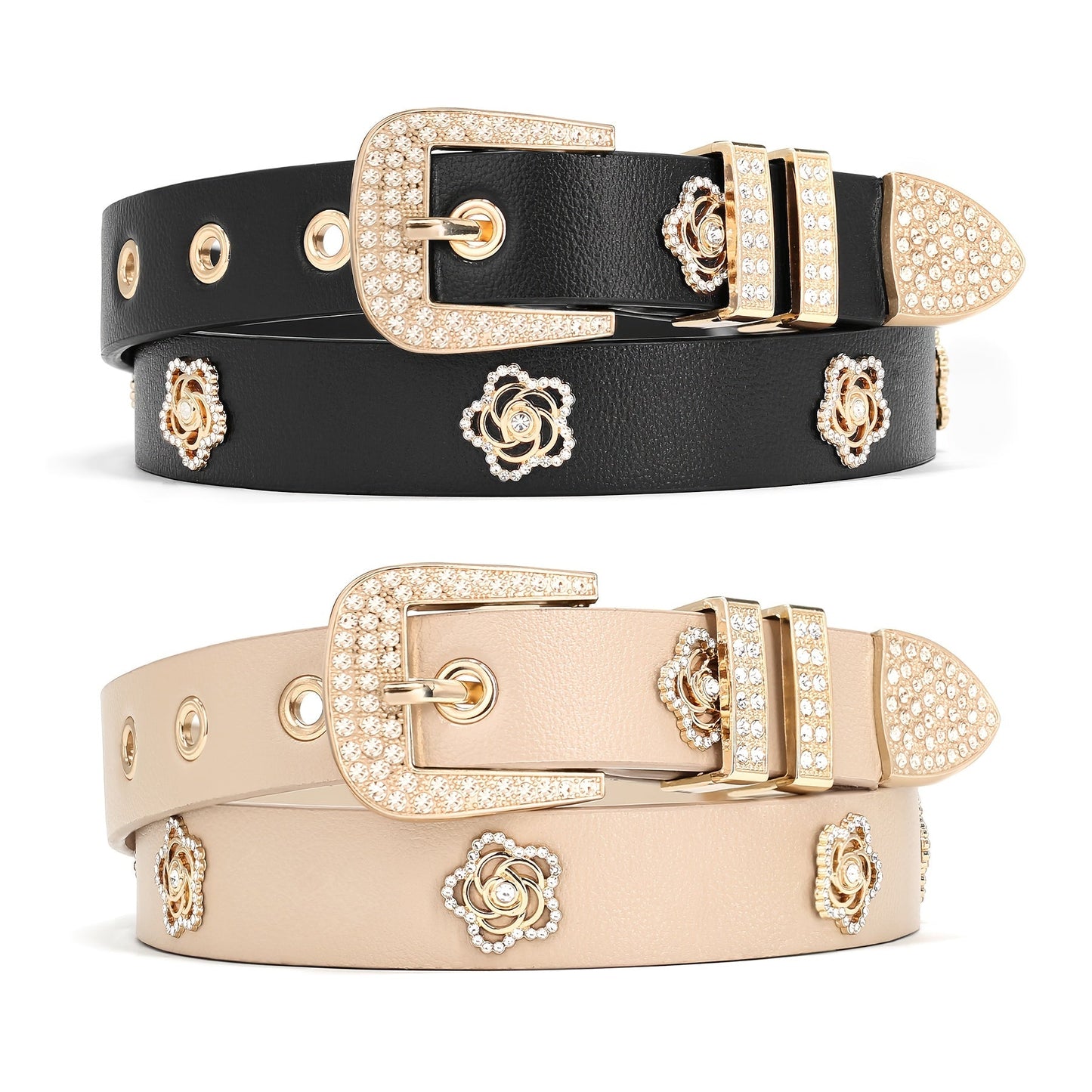 Women's Belt - Studded for 2 Pack - Rhinestone Floral Rivet Punk Y2K Skinny for Jeans - product detail view 10