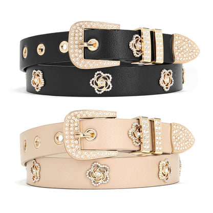 Women's Belt - Studded for 2 Pack - Rhinestone Floral Rivet Punk Y2K Skinny for Jeans - product detail view 10