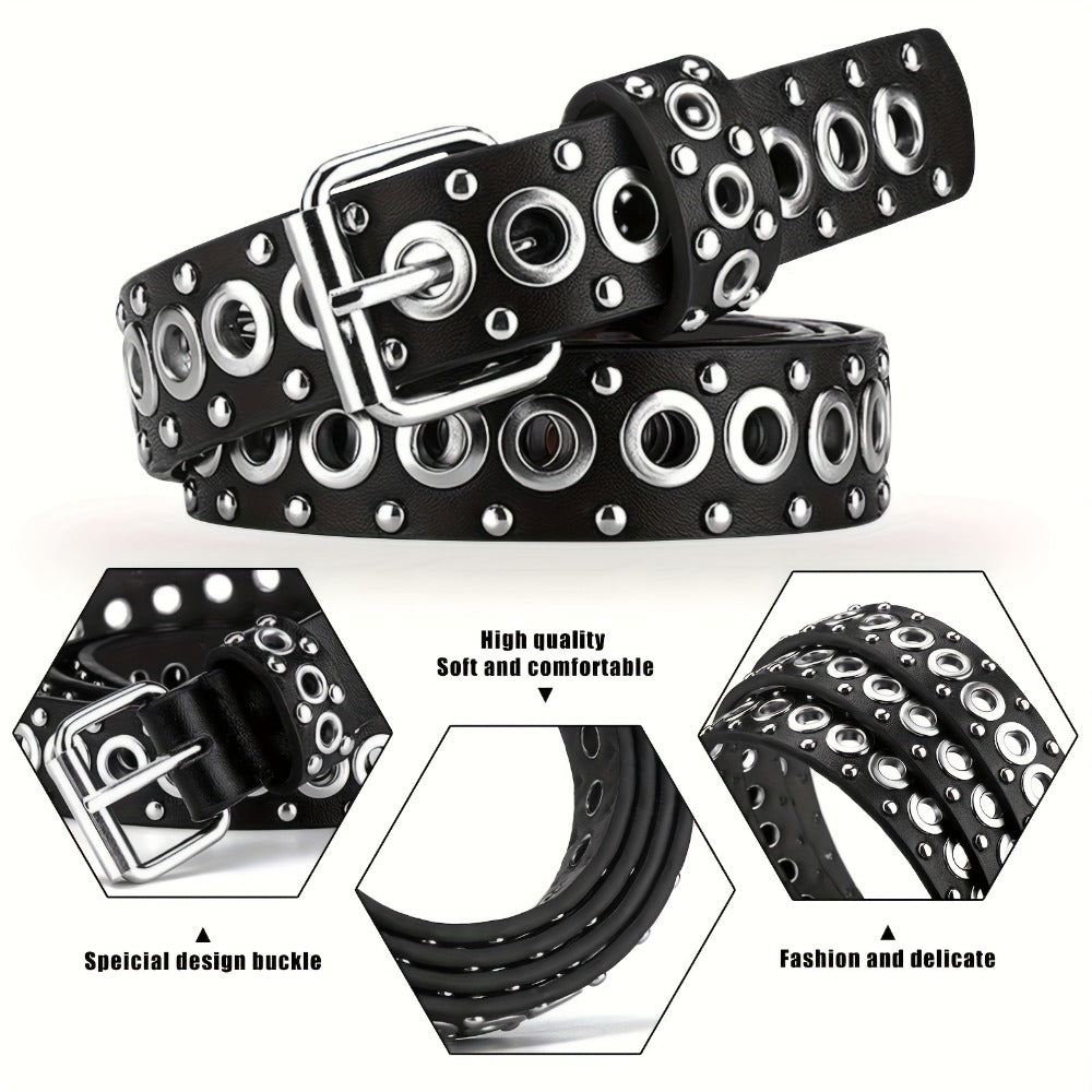 Men's Belt - Studded Rivet Punk Rock Gothic Style Edgy Black Metal Stud Unisex Fashion - product detail view 4