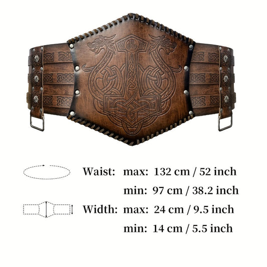 Men's Belt - Viking for Wide PU Leather, Scandinavian Dragon & Wolf Alloy Buckle - product detail view 2