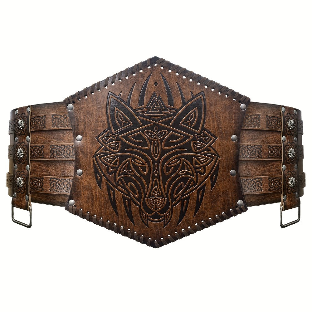 Men's Belt - Viking for Wide PU Leather, Scandinavian Dragon & Wolf Alloy Buckle - product detail view 5