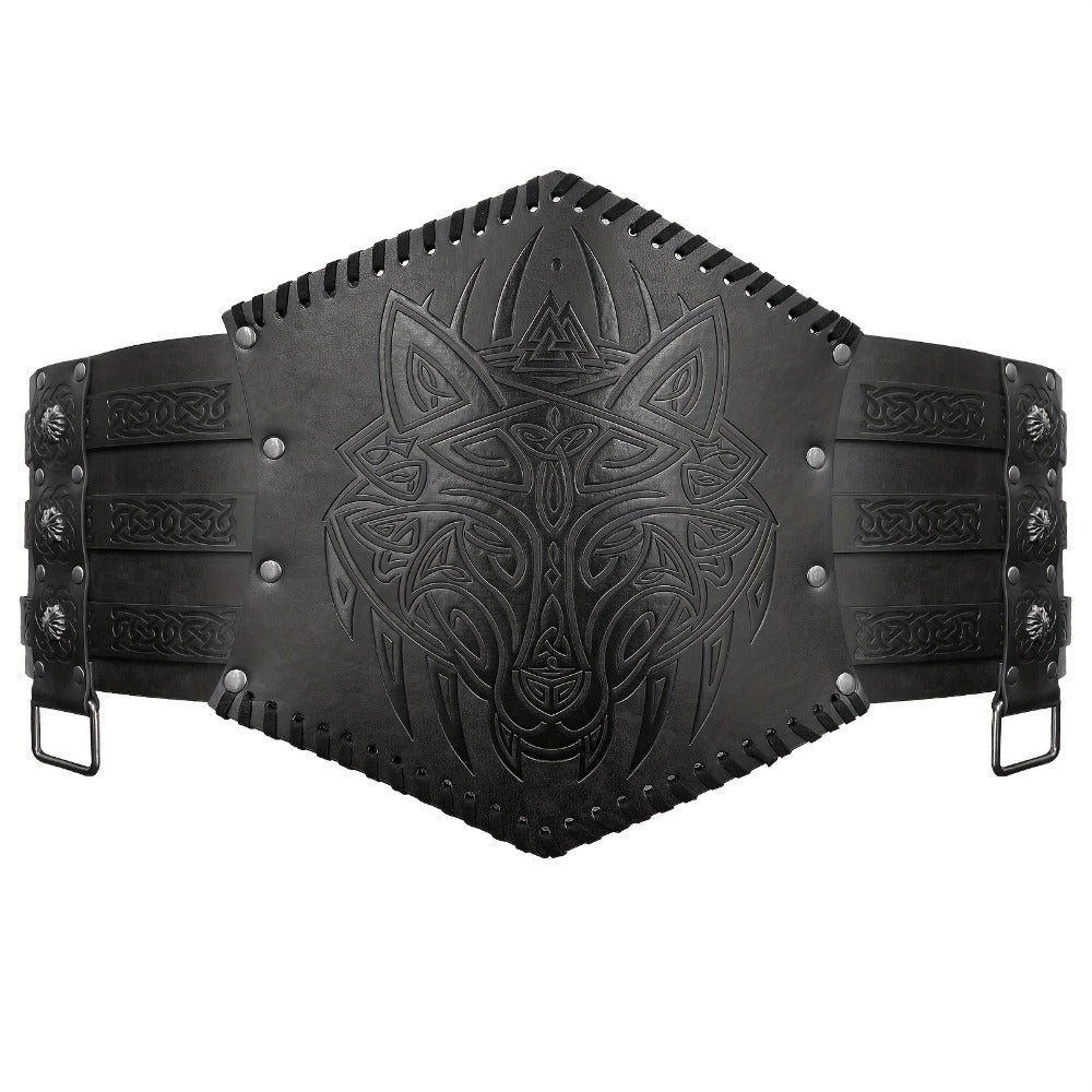 Men's Belt - Viking for Wide PU Leather, Scandinavian Dragon & Wolf Alloy Buckle - product detail view 7