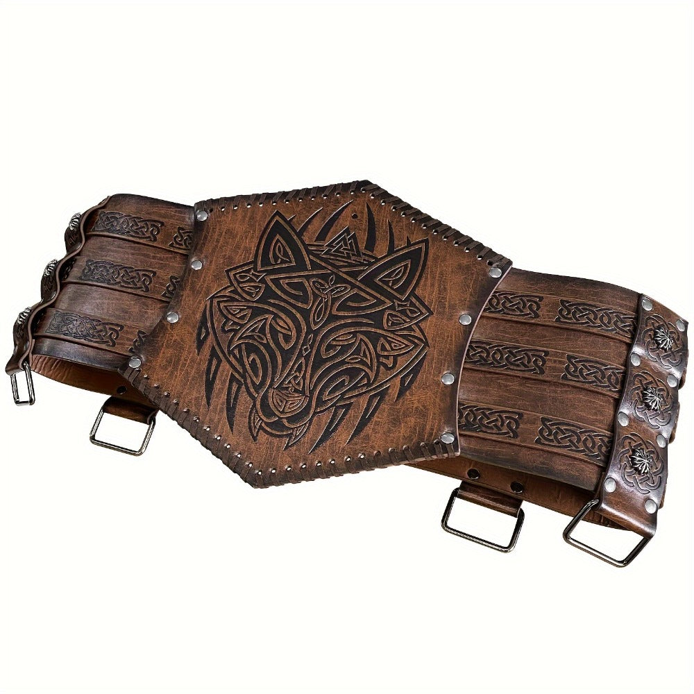 Men's Belt - Viking for Wide PU Leather, Scandinavian Dragon & Wolf Alloy Buckle - product detail view 10