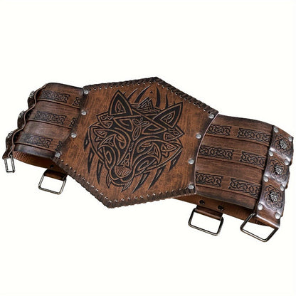 Men's Belt - Viking for Wide PU Leather, Scandinavian Dragon & Wolf Alloy Buckle - product detail view 10