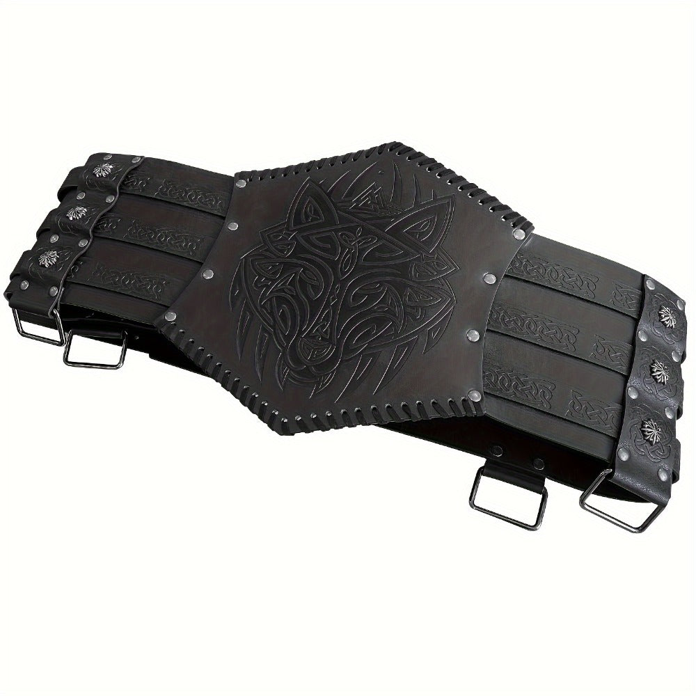 Men's Belt - Viking for Wide PU Leather, Scandinavian Dragon & Wolf Alloy Buckle - product detail view 11