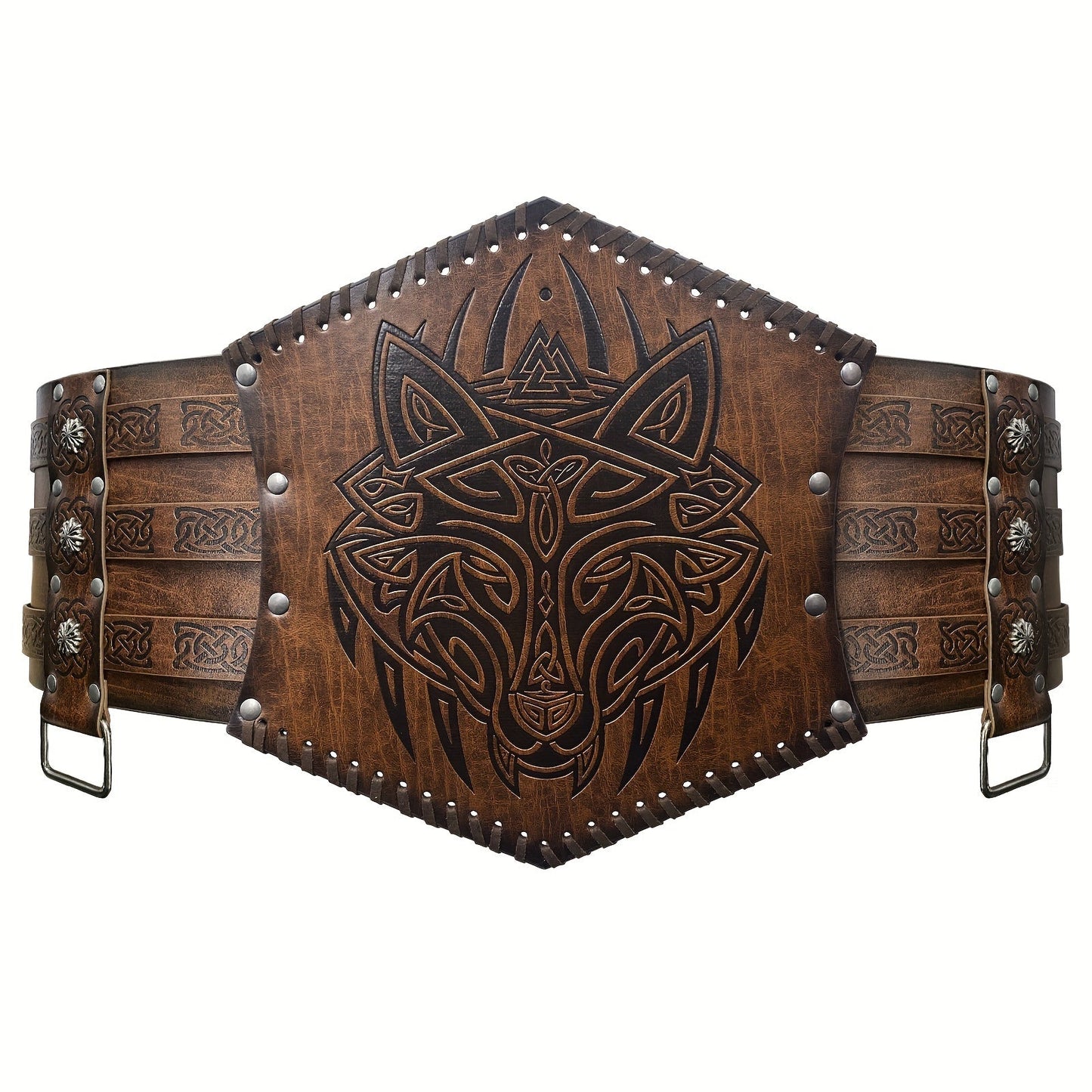 Men's Belt - Viking for Wide PU Leather, Scandinavian Dragon & Wolf Alloy Buckle - product detail view 14