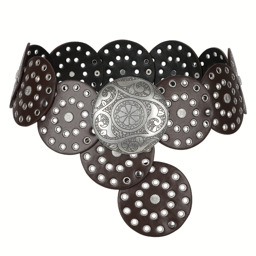 Women's Belt - Western Boho Disc for - Vintage Concho Waist , Wide Bohemian with Disc - product detail view 3