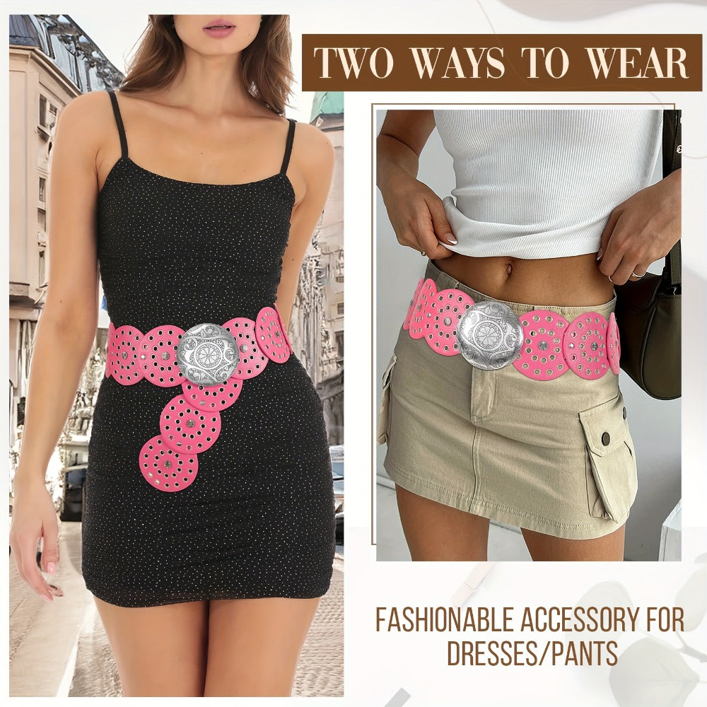 Women's Belt - Western Boho Disc for - Vintage Concho Waist , Wide Bohemian with Disc - product detail view 9