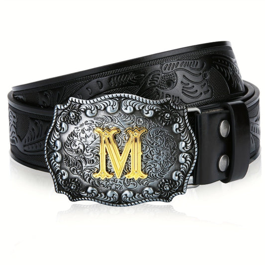 Men's Belt - Western for Embossed Floral Cowboy Longhorn Bull Pattern Big Letter Buckle - main product view