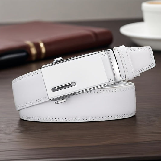 Men's Belt - White Ratchet for Automatic Buckle No Hole Adjustable Minimalist Faux - product detail view 2