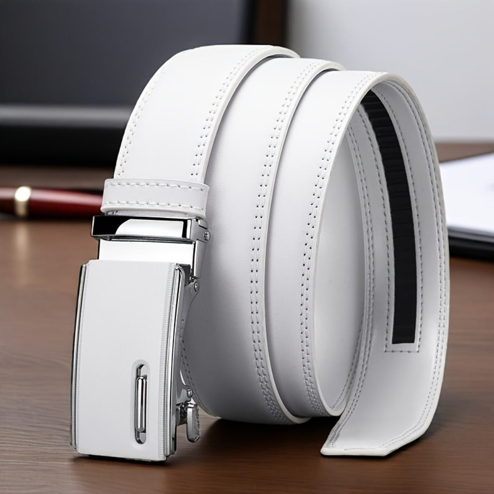 Men's Belt - White Ratchet for Automatic Buckle No Hole Adjustable Minimalist Faux - product detail view 3