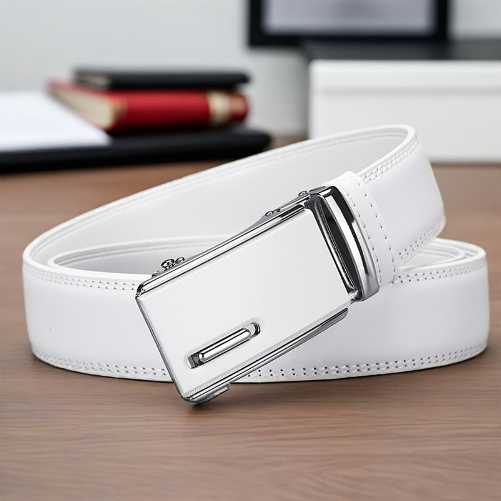 Men's Belt - White Ratchet for Automatic Buckle No Hole Adjustable Minimalist Faux - product detail view 4
