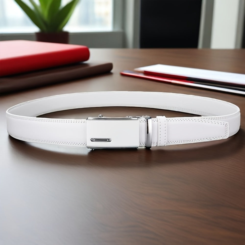 Men's Belt - White Ratchet for Automatic Buckle No Hole Adjustable Minimalist Faux - product detail view 5
