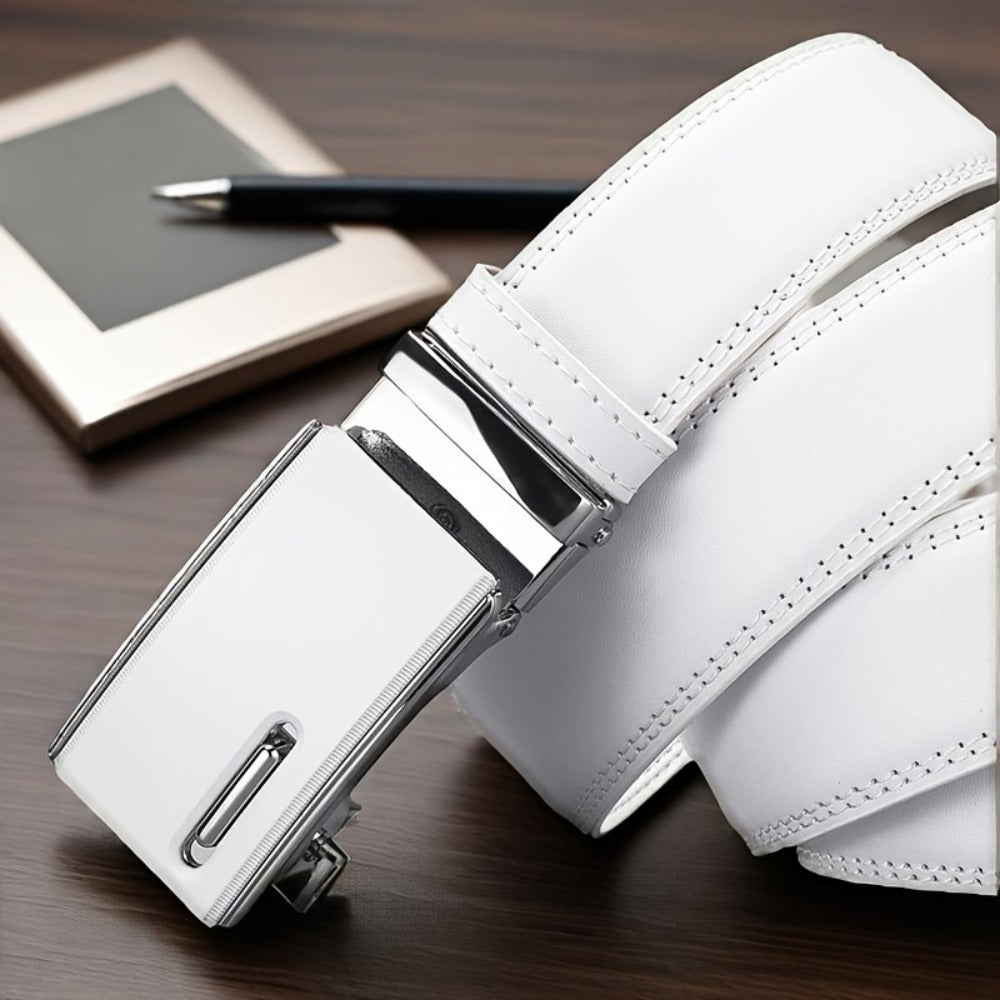 Men's Belt - White Ratchet for Automatic Buckle No Hole Adjustable Minimalist Faux - product detail view 6