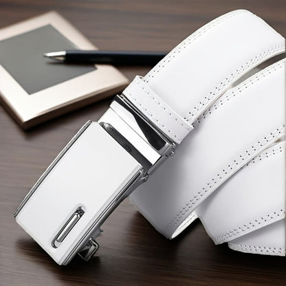 Men's Belt - White Ratchet for Automatic Buckle No Hole Adjustable Minimalist Faux - product detail view 6