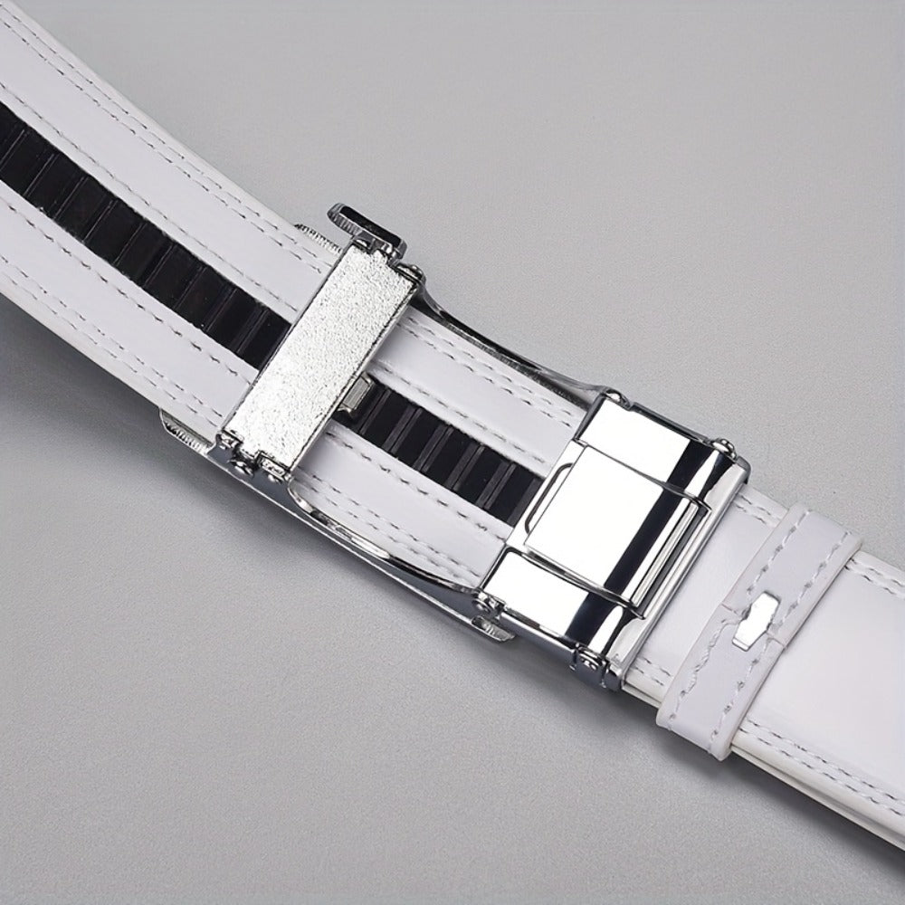 Men's Belt - White Ratchet for Automatic Buckle No Hole Adjustable Minimalist Faux - product detail view 7