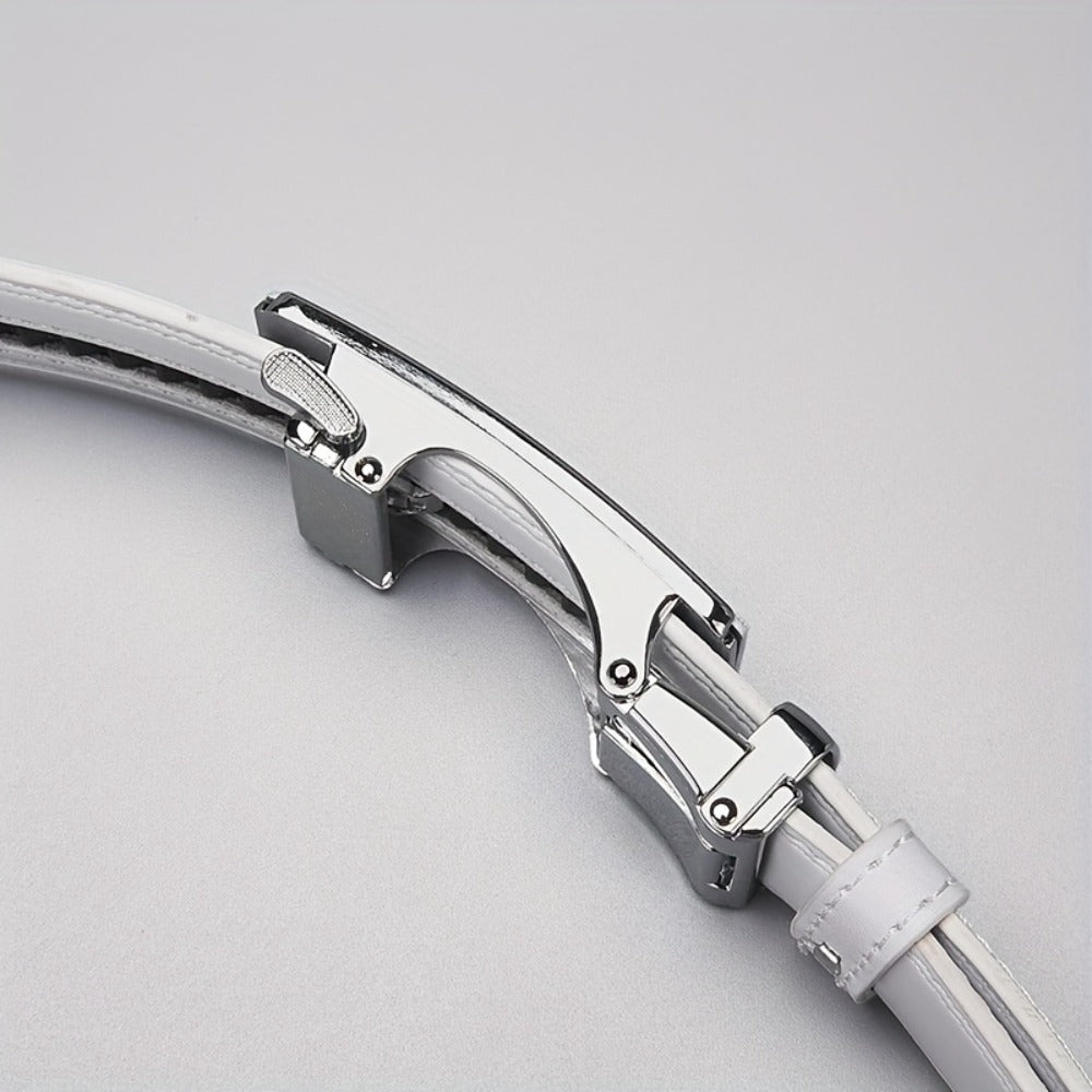 Men's Belt - White Ratchet for Automatic Buckle No Hole Adjustable Minimalist Faux - product detail view 8