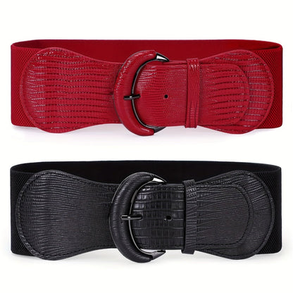 Women's Belt - Wide for 2Pcs Set - Elastic Needle Buckle Waist for Dresses, Black Red & - product detail view 3