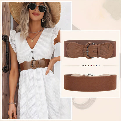 Women's Belt - Wide for 2Pcs Set - Elastic Needle Buckle Waist for Dresses, Black Red & - product detail view 4