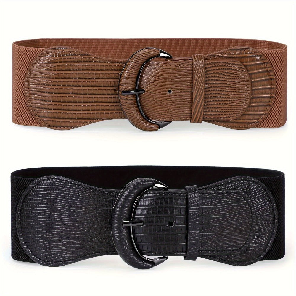 Women's Belt - Wide for 2Pcs Set - Elastic Needle Buckle Waist for Dresses, Black Red & - product detail view 5