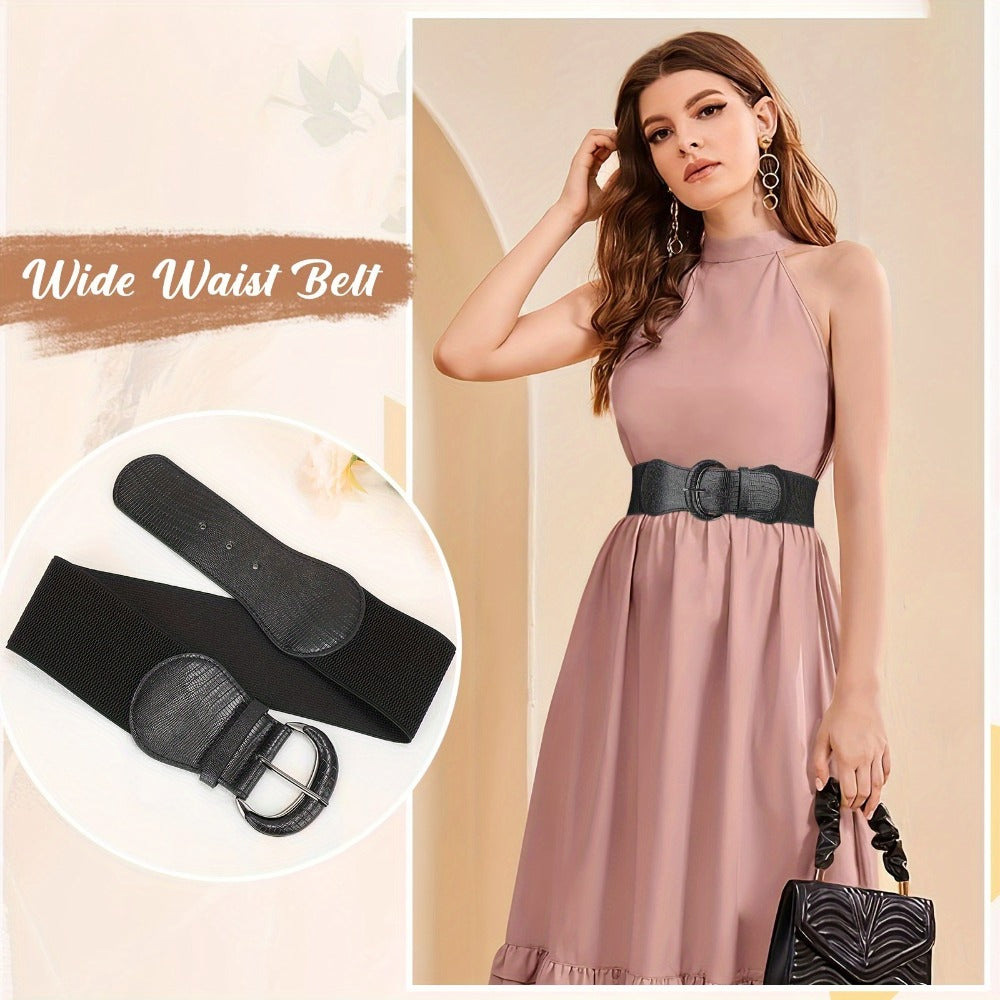 Women's Belt - Wide for 2Pcs Set - Elastic Needle Buckle Waist for Dresses, Black Red & - product detail view 9