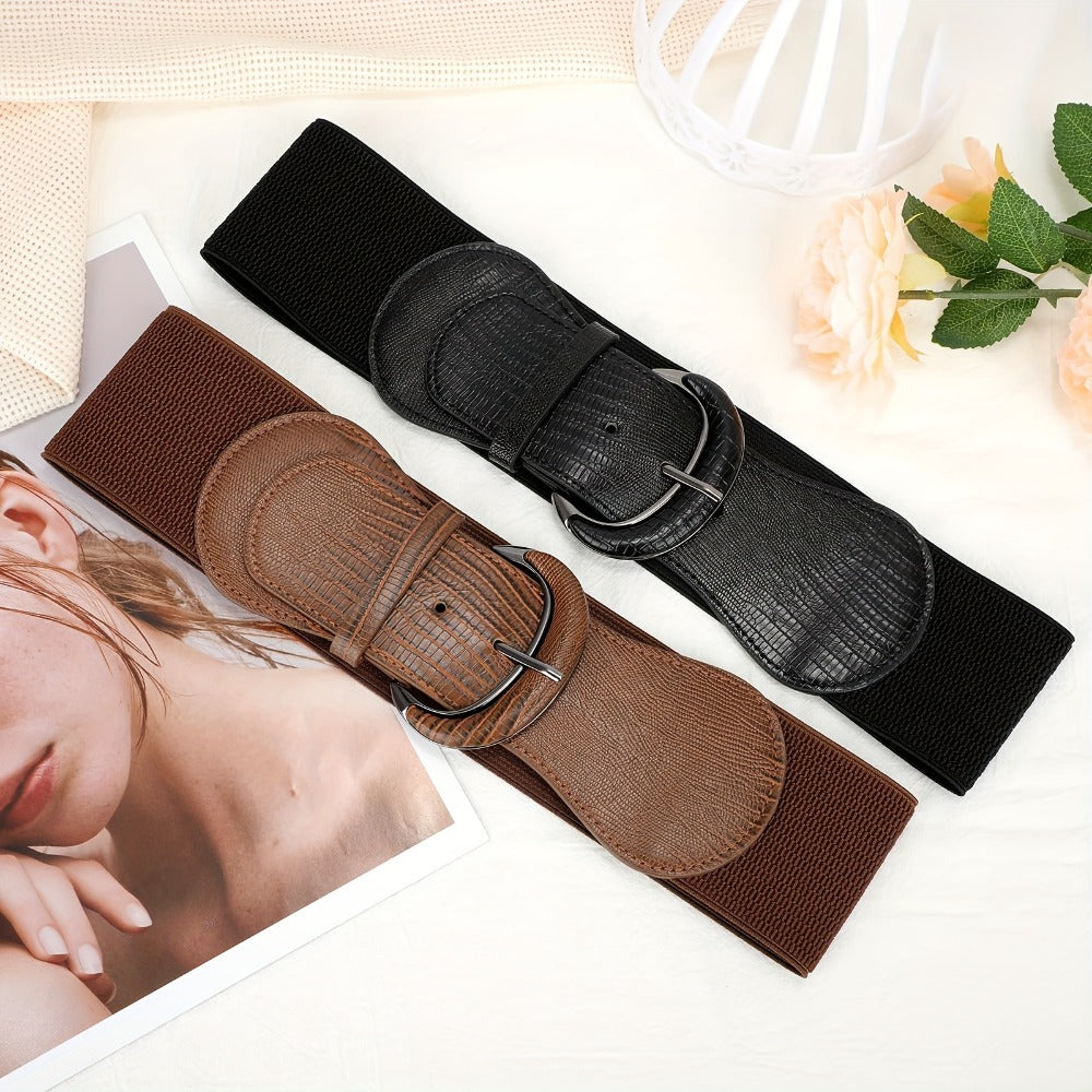 Women's Belt - Wide for 2Pcs Set - Elastic Needle Buckle Waist for Dresses, Black Red & - product detail view 10