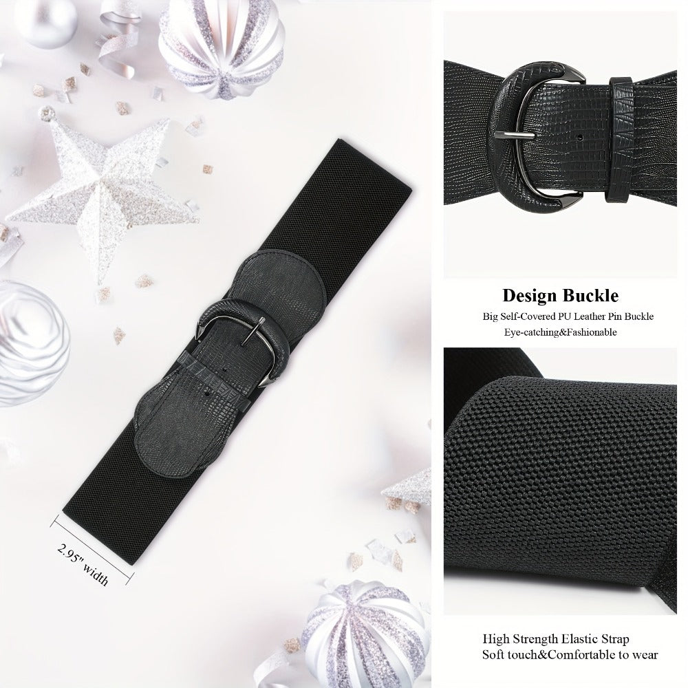 Women's Belt - Wide for 2Pcs Set - Elastic Needle Buckle Waist for Dresses, Black Red & - product detail view 11