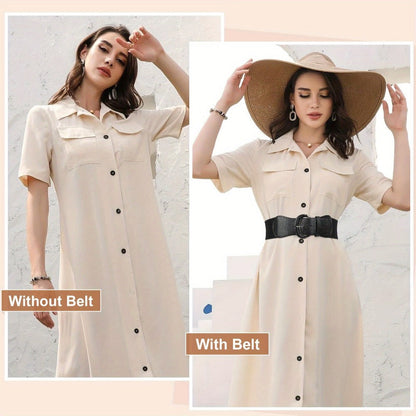 Women's Belt - Wide for 2Pcs Set - Elastic Needle Buckle Waist for Dresses, Black Red & - product detail view 12