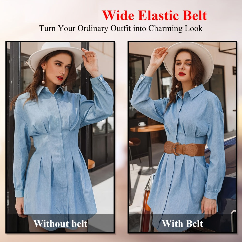 Women's Belt - Wide for 2Pcs Set - Elastic Needle Buckle Waist for Dresses, Black Red & - product detail view 14