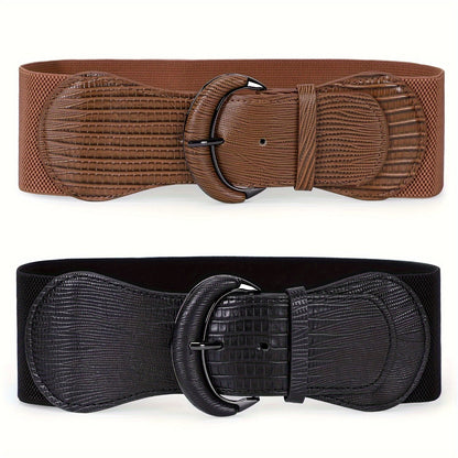 Women's Belt - Wide for 2Pcs Set - Elastic Needle Buckle Waist for Dresses, Black Red & - product detail view 16