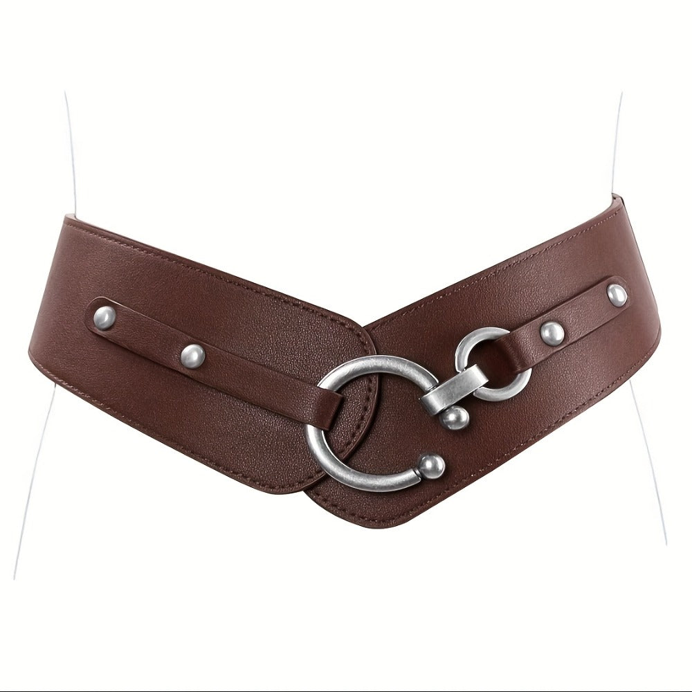 Women's Belt - Wide Elastic Retro Vintage Waist Interlocking Alloy Buckle Punk Style - product detail view 4