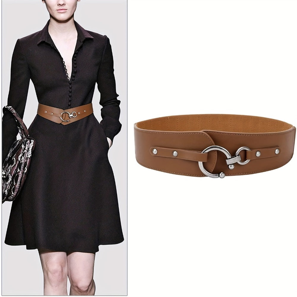 Women's Belt - Wide Elastic Retro Vintage Waist Interlocking Alloy Buckle Punk Style - product detail view 9
