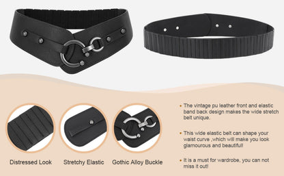 Women's Belt - Wide Elastic Retro Vintage Waist Interlocking Alloy Buckle Punk Style - product detail view 12
