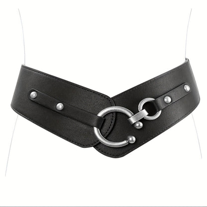 Women's Belt - Wide Elastic Retro Vintage Waist Interlocking Alloy Buckle Punk Style - product detail view 13