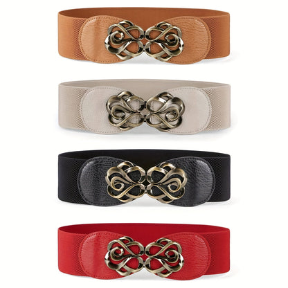 Women's Belt - Wide Elastic Set 4pcs for | Vintage Boho Waist with Golden Leaf Buckle - product detail view 2
